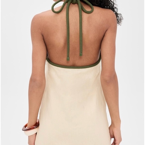 Farm Rio Sand Coconut Mini Halter Dress with Green Palm Design - Picture 2 of 10